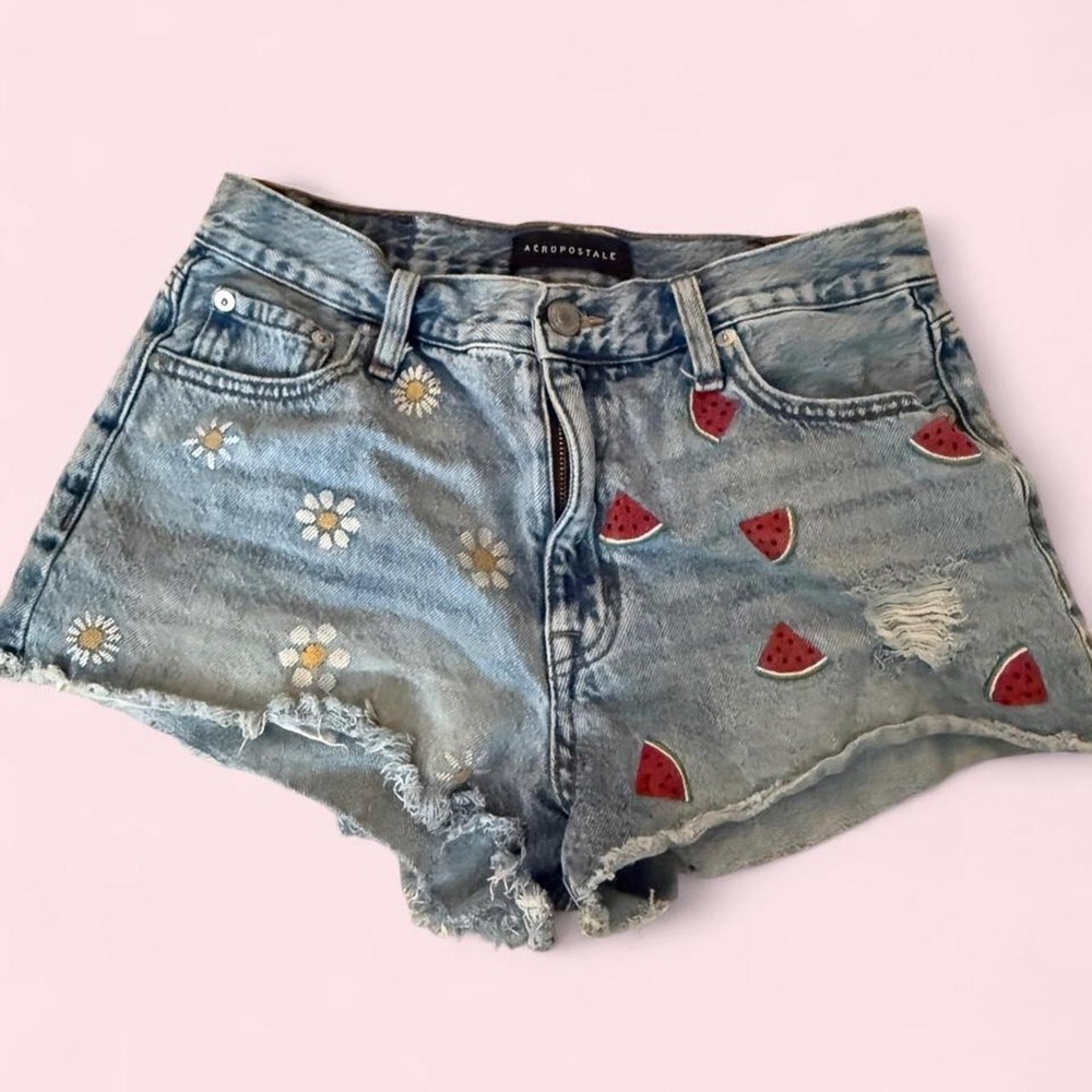 Aeropostale blue denim shorts with watermelon and daisy Size 6 embroidery